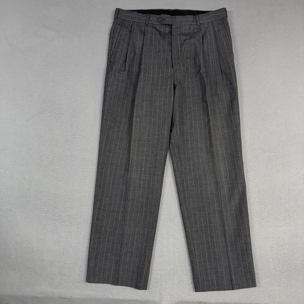 Lands End Pants Mens 37 (Fits 36x32) Gray Pin Stiped Classic Pleated Wool USA